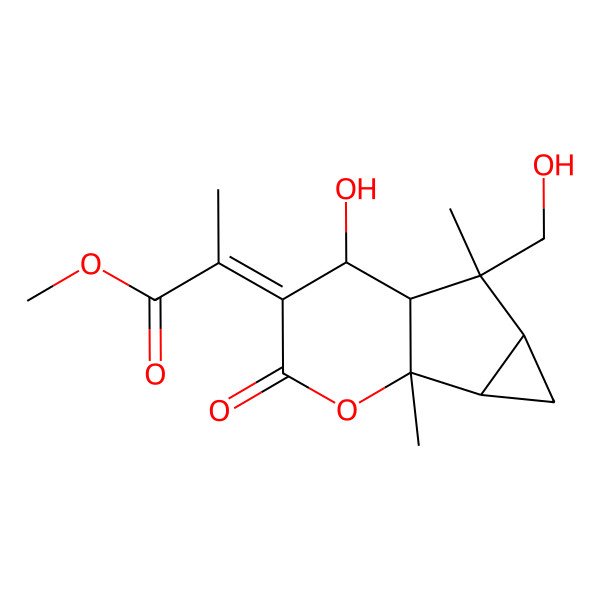 2D Structure of Methyl 2-[7-hydroxy-5-(hydroxymethyl)-1,5-dimethyl-9-oxo-10-oxatricyclo[4.4.0.02,4]decan-8-ylidene]propanoate