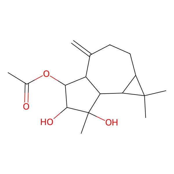 2D Structure of [(1aS,4aR,5R,6R,7S,7aR,7bS)-6,7-dihydroxy-1,1,7-trimethyl-4-methylidene-1a,2,3,4a,5,6,7a,7b-octahydrocyclopropa[e]azulen-5-yl] acetate