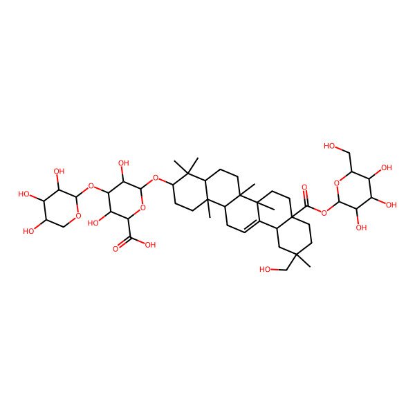2D Structure of (2R,3R,4R,5S,6S)-6-[[(3S,6aR,6bS,8aR,11R,14bR)-11-(hydroxymethyl)-4,4,6a,6b,11,14b-hexamethyl-8a-[(2R,3S,4R,5R,6S)-3,4,5-trihydroxy-6-(hydroxymethyl)oxan-2-yl]oxycarbonyl-1,2,3,4a,5,6,7,8,9,10,12,12a,14,14a-tetradecahydropicen-3-yl]oxy]-3,5-dihydroxy-4-[(3S,4R,5S)-3,4,5-trihydroxyoxan-2-yl]oxyoxane-2-carboxylic acid