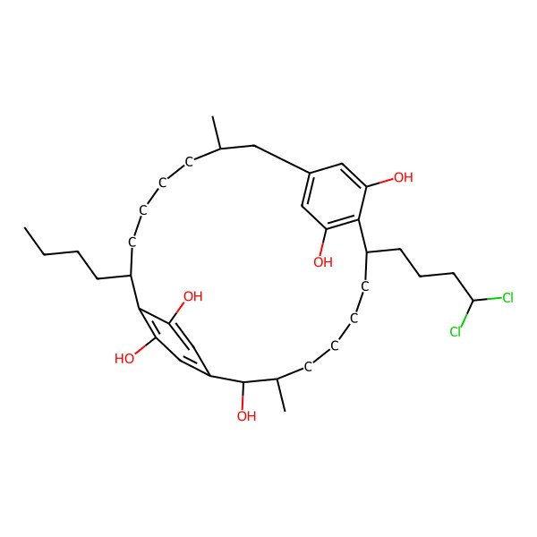 2D Structure of 19-Butyl-8-(4,4-dichlorobutyl)-3,14-dimethyltricyclo[18.2.2.29,12]hexacosa-1(22),9,11,20,23,25-hexaene-2,10,21,24,26-pentol
