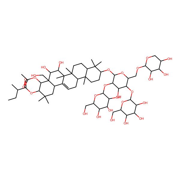 2D Structure of [(3R,4R,4aR,5S,6R,6aR,6aS,6bR,8aR,10S,12aR,14bS)-4-acetyloxy-5,6-dihydroxy-10-[(2R,3R,4S,5S,6R)-4-hydroxy-3,5-bis[[(2S,3R,4S,5S,6R)-3,4,5-trihydroxy-6-(hydroxymethyl)oxan-2-yl]oxy]-6-[[(2S,3R,4S,5S)-3,4,5-trihydroxyoxan-2-yl]oxymethyl]oxan-2-yl]oxy-4a-(hydroxymethyl)-2,2,6a,6b,9,9,12a-heptamethyl-1,3,4,5,6,6a,7,8,8a,10,11,12,13,14b-tetradecahydropicen-3-yl] 2-methylbutanoate
