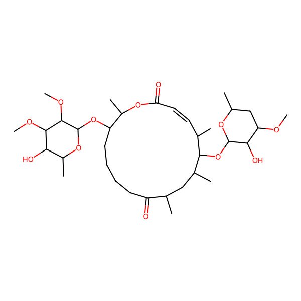 2D Structure of (3E,5S,6S,7S,9R,15R,16R)-15-[(2S,3R,4R,5R,6R)-5-hydroxy-3,4-dimethoxy-6-methyloxan-2-yl]oxy-6-[(2S,3R,4S,6R)-3-hydroxy-4-methoxy-6-methyloxan-2-yl]oxy-5,7,9,16-tetramethyl-1-oxacyclohexadec-3-ene-2,10-dione