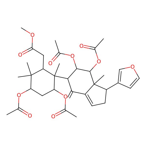 2D Structure of methyl 2-[(1S,2S,3S,5R)-3,5-diacetyloxy-2-[(1S,5S,6R,7R,7aS)-6,7-diacetyloxy-1-(furan-3-yl)-7a-methyl-4-methylidene-2,5,6,7-tetrahydro-1H-inden-5-yl]-2,6,6-trimethylcyclohexyl]acetate