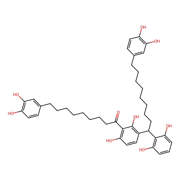 2D Structure of 9-(3,4-dihydroxyphenyl)-1-[3-[(1R)-1-(2,6-dihydroxyphenyl)-9-(3,4-dihydroxyphenyl)nonyl]-2,6-dihydroxyphenyl]nonan-1-one
