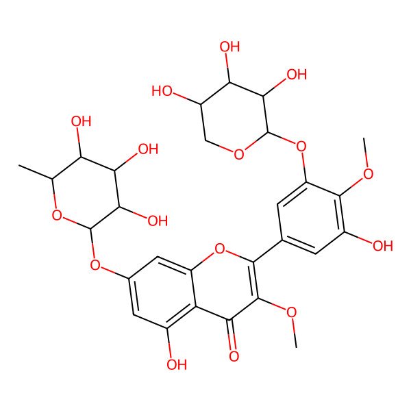 2D Structure of 5-hydroxy-2-[3-hydroxy-4-methoxy-5-[(2S,3R,4S,5R)-3,4,5-trihydroxyoxan-2-yl]oxyphenyl]-3-methoxy-7-[(2S,3R,4R,5R,6S)-3,4,5-trihydroxy-6-methyloxan-2-yl]oxychromen-4-one