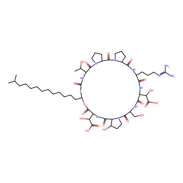 2D Structure of 2-[25-[Carboxy(hydroxy)methyl]-10-[3-(diaminomethylideneamino)propyl]-21-hydroxy-32-(1-hydroxyethyl)-16-(hydroxymethyl)-28-(12-methyltridecyl)-2,8,11,14,17,23,26,30,33-nonaoxo-27-oxa-3,9,12,15,18,24,31,34-octazatetracyclo[32.3.0.03,7.018,22]heptatriacontan-13-yl]-2-hydroxyacetic acid