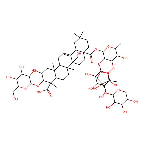 2D Structure of (2S,3R,4S,4aR,6aR,6bR,8aS,12aS,14aR,14bR)-8a-[(2S,3R,4S,5S,6R)-4-[(2S,3R,4R)-3,4-dihydroxy-4-(hydroxymethyl)oxolan-2-yl]oxy-3-[(2S,3R,4S,5R,6S)-3,4-dihydroxy-6-methyl-5-[(2S,3R,4S,5R)-3,4,5-trihydroxyoxan-2-yl]oxyoxan-2-yl]oxy-5-hydroxy-6-methyloxan-2-yl]oxycarbonyl-2-hydroxy-6b-(hydroxymethyl)-4,6a,11,11,14b-pentamethyl-3-[(2R,3R,4S,5S,6R)-3,4,5-trihydroxy-6-(hydroxymethyl)oxan-2-yl]oxy-1,2,3,4a,5,6,7,8,9,10,12,12a,14,14a-tetradecahydropicene-4-carboxylic acid