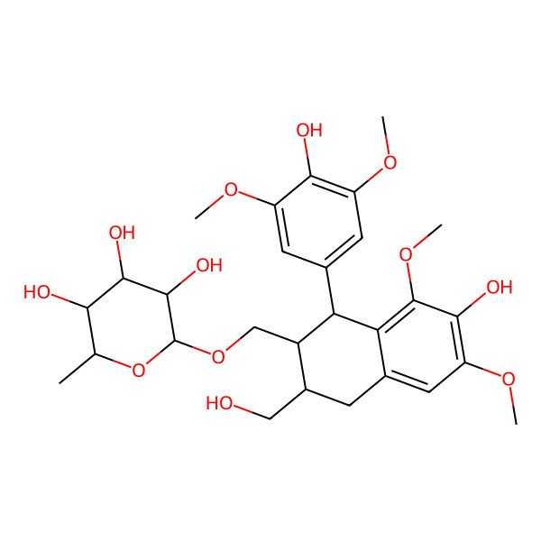 2D Structure of (2S,3R,4R,5R,6S)-2-[[(1S,2R,3R)-7-hydroxy-1-(4-hydroxy-3,5-dimethoxyphenyl)-3-(hydroxymethyl)-6,8-dimethoxy-1,2,3,4-tetrahydronaphthalen-2-yl]methoxy]-6-methyloxane-3,4,5-triol