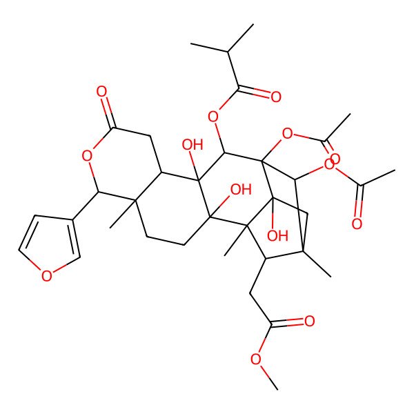 2D Structure of [13,14-Diacetyloxy-6-(furan-3-yl)-2,11,17-trihydroxy-18-(2-methoxy-2-oxoethyl)-1,5,15-trimethyl-8-oxo-7-oxapentacyclo[13.2.1.02,11.05,10.013,17]octadecan-12-yl] 2-methylpropanoate