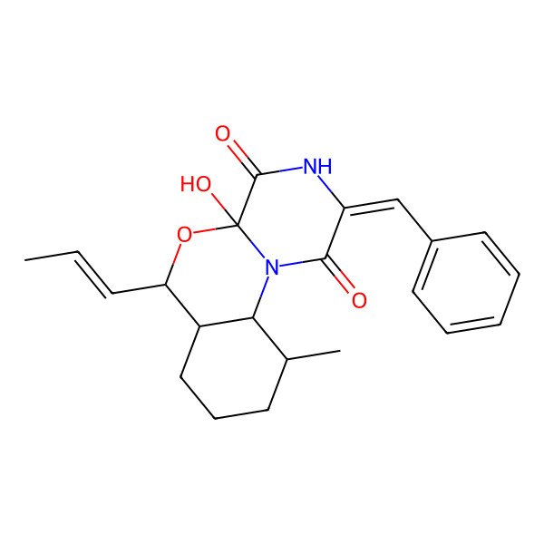 2D Structure of (2S,3R,7R,8S,10S,13Z)-13-benzylidene-10-hydroxy-3-methyl-8-[(E)-prop-1-enyl]-9-oxa-1,12-diazatricyclo[8.4.0.02,7]tetradecane-11,14-dione