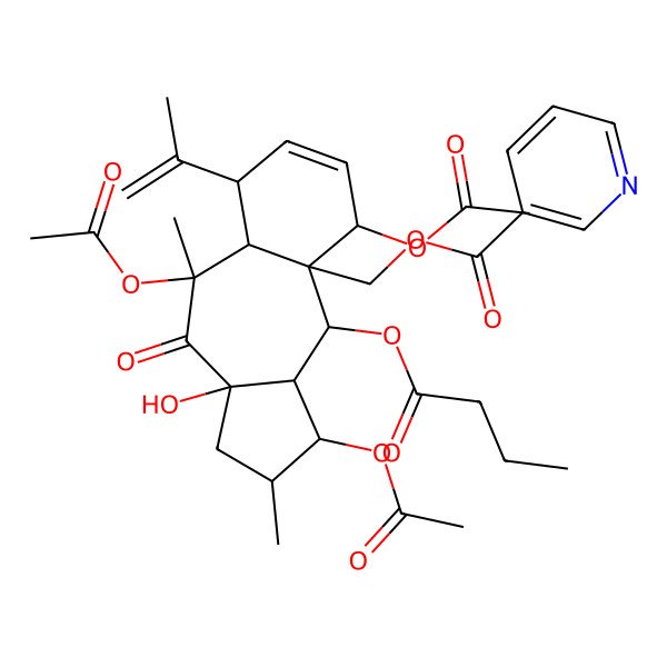 2D Structure of [(1R,2R,3aS,5R,5aS,6R,9S,9aS,10S,10aS)-1,5,9-triacetyloxy-10-butanoyloxy-3a-hydroxy-2,5-dimethyl-4-oxo-6-prop-1-en-2-yl-1,2,3,5a,6,9,10,10a-octahydrobenzo[f]azulen-9a-yl]methyl pyridine-3-carboxylate