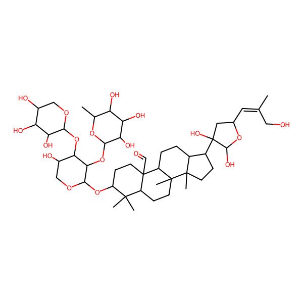 2D Structure of (3S,5S,8R,9S,10S,13R,14R,17S)-17-[(2S,3S,5S)-2,3-dihydroxy-5-[(E)-3-hydroxy-2-methylprop-1-enyl]oxolan-3-yl]-3-[(2S,3R,4S,5S)-5-hydroxy-3-[(2S,3R,4R,5R,6S)-3,4,5-trihydroxy-6-methyloxan-2-yl]oxy-4-[(2S,3R,4S,5R)-3,4,5-trihydroxyoxan-2-yl]oxyoxan-2-yl]oxy-4,4,8,14-tetramethyl-2,3,5,6,7,9,11,12,13,15,16,17-dodecahydro-1H-cyclopenta[a]phenanthrene-10-carbaldehyde