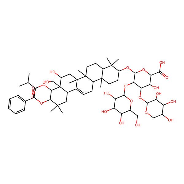 2D Structure of 6-[[10-Benzoyloxy-8-hydroxy-8a-(hydroxymethyl)-4,4,6a,6b,11,11,14b-heptamethyl-9-(2-methylpropanoyloxy)-1,2,3,4a,5,6,7,8,9,10,12,12a,14,14a-tetradecahydropicen-3-yl]oxy]-3-hydroxy-5-[3,4,5-trihydroxy-6-(hydroxymethyl)oxan-2-yl]oxy-4-(3,4,5-trihydroxyoxan-2-yl)oxyoxane-2-carboxylic acid
