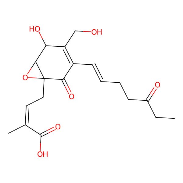 2D Structure of (E)-4-[(1R,5R,6R)-5-hydroxy-4-(hydroxymethyl)-2-oxo-3-[(E)-5-oxohept-1-enyl]-7-oxabicyclo[4.1.0]hept-3-en-1-yl]-2-methylbut-2-enoic acid