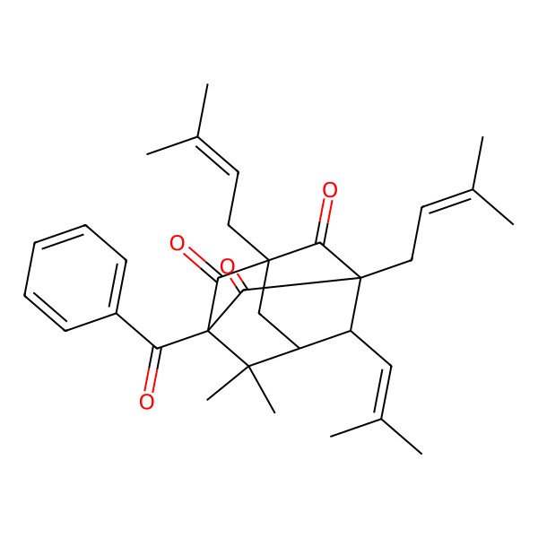 2D Structure of (1S,3R,5S,7S,8R)-5-benzoyl-6,6-dimethyl-1,3-bis(3-methylbut-2-enyl)-8-(2-methylprop-1-enyl)adamantane-2,4,9-trione