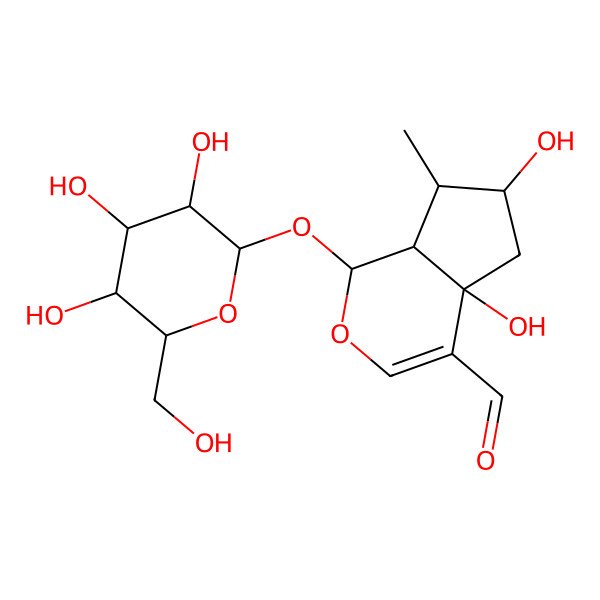 2D Structure of (1S,4aR,6S,7R,7aR)-4a,6-dihydroxy-7-methyl-1-[(2R,3S,4S,5S,6R)-3,4,5-trihydroxy-6-(hydroxymethyl)oxan-2-yl]oxy-5,6,7,7a-tetrahydro-1H-cyclopenta[c]pyran-4-carbaldehyde