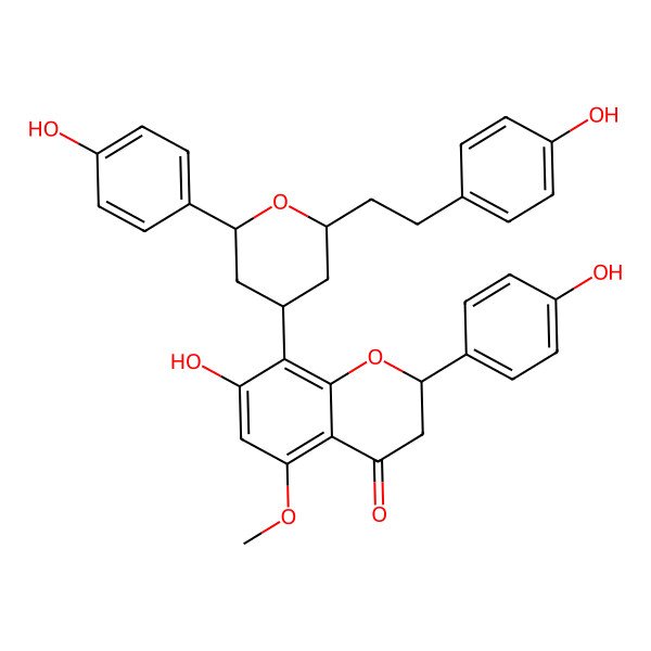 2D Structure of (2S)-7-hydroxy-2-(4-hydroxyphenyl)-8-[(2S,4R,6S)-2-(4-hydroxyphenyl)-6-[2-(4-hydroxyphenyl)ethyl]oxan-4-yl]-5-methoxy-2,3-dihydrochromen-4-one