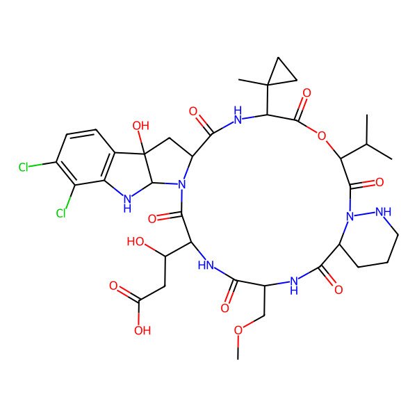 2D Structure of 3-[26,27-Dichloro-31-hydroxy-17-(methoxymethyl)-4-(1-methylcyclopropyl)-2,5,8,15,18,21-hexaoxo-7-propan-2-yl-6-oxa-3,9,10,16,19,22,24-heptazapentacyclo[20.10.0.09,14.023,31.025,30]dotriaconta-25(30),26,28-trien-20-yl]-3-hydroxypropanoic acid
