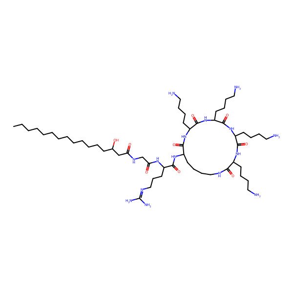2D Structure of N-[2-[[5-(diaminomethylideneamino)-1-oxo-1-[[3,6,9,12-tetrakis(4-aminobutyl)-2,5,8,11,14-pentaoxo-1,4,7,10,13-pentazacyclononadec-15-yl]amino]pentan-2-yl]amino]-2-oxoethyl]-3-hydroxyhexadecanamide