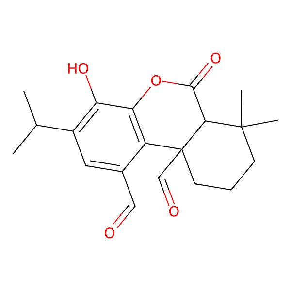 2D Structure of (6aR,10aR)-4-hydroxy-7,7-dimethyl-6-oxo-3-propan-2-yl-6a,8,9,10-tetrahydrobenzo[c]chromene-1,10a-dicarbaldehyde