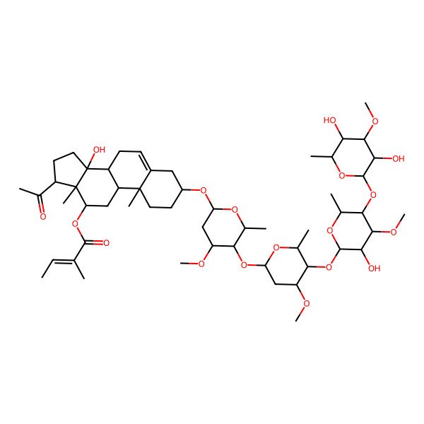 2D Structure of [17-Acetyl-3-[5-[5-[5-(3,5-dihydroxy-4-methoxy-6-methyloxan-2-yl)oxy-3-hydroxy-4-methoxy-6-methyloxan-2-yl]oxy-4-methoxy-6-methyloxan-2-yl]oxy-4-methoxy-6-methyloxan-2-yl]oxy-14-hydroxy-10,13-dimethyl-1,2,3,4,7,8,9,11,12,15,16,17-dodecahydrocyclopenta[a]phenanthren-12-yl] 2-methylbut-2-enoate