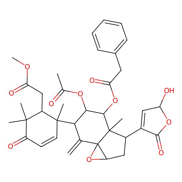 2D Structure of methyl 2-[(1R,2S)-2-[(1aR,3R,3aR,4R,5R,6R,7aS)-5-acetyloxy-3-[(2S)-2-hydroxy-5-oxo-2H-furan-4-yl]-3a-methyl-7-methylidene-4-(2-phenylacetyl)oxy-1a,2,3,4,5,6-hexahydroindeno[1,7a-b]oxiren-6-yl]-2,6,6-trimethyl-5-oxocyclohex-3-en-1-yl]acetate
