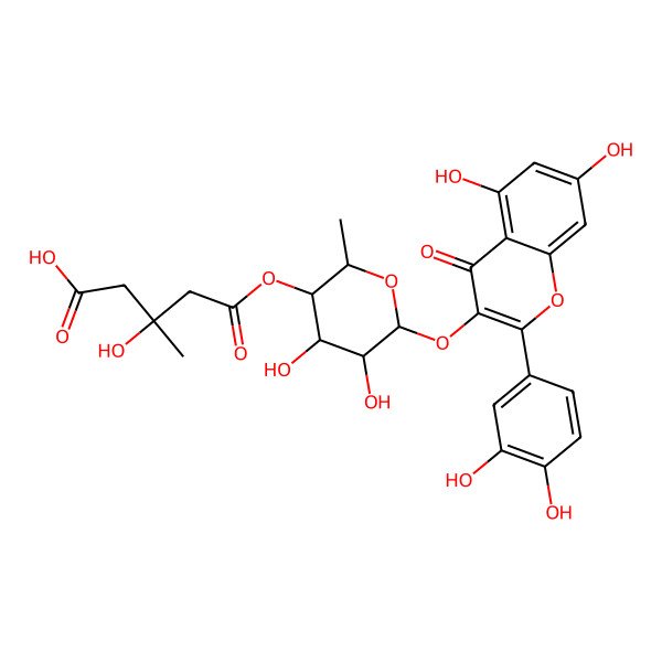 2D Structure of (3S)-5-[(2S,3R,4S,5R,6S)-6-[2-(3,4-dihydroxyphenyl)-5,7-dihydroxy-4-oxochromen-3-yl]oxy-4,5-dihydroxy-2-methyloxan-3-yl]oxy-3-hydroxy-3-methyl-5-oxopentanoic acid