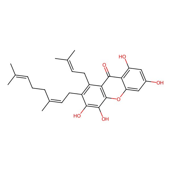 2D Structure of 9H-Xanthen-9-one, 2-[(2E)-3,7-dimethyl-2,6-octadienyl]-3,4,6,8-tetrahydroxy-1-(3-methyl-2-butenyl)-