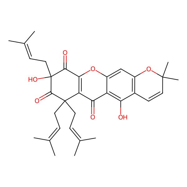 2D Structure of (9R)-5,9-dihydroxy-2,2-dimethyl-7,7,9-tris(3-methylbut-2-enyl)pyrano[3,2-b]xanthene-6,8,10-trione