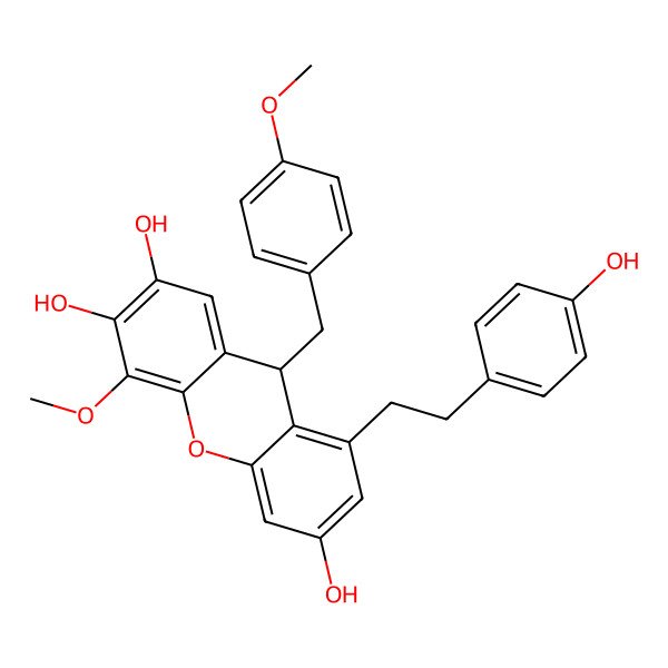 2D Structure of (9R)-8-[2-(4-hydroxyphenyl)ethyl]-4-methoxy-9-[(4-methoxyphenyl)methyl]-9H-xanthene-2,3,6-triol