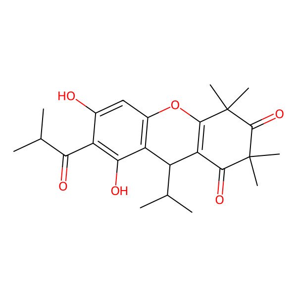2D Structure of (9S)-6,8-dihydroxy-2,2,4,4-tetramethyl-7-(2-methylpropanoyl)-9-propan-2-yl-9H-xanthene-1,3-dione 2D Structure of (9S)-6,8-dihydroxy-2,2,4,4-tetramethyl-7-(2-methylpropanoyl)-9-propan-2-yl-9H-xanthene-1,3-dione