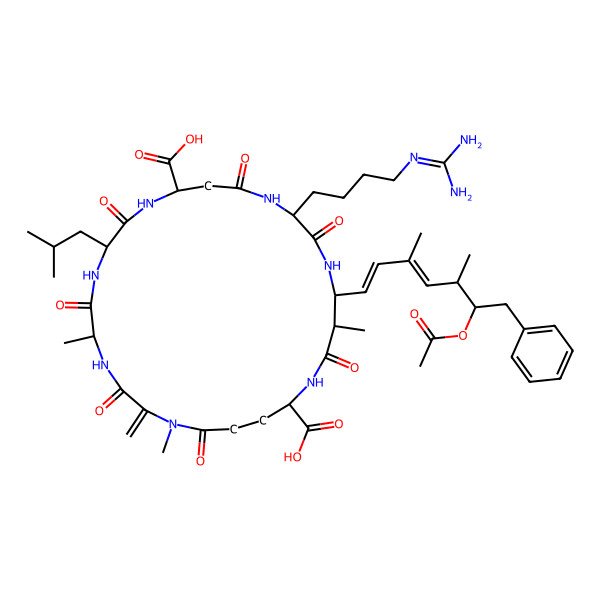 2D Structure of (5R,8S,11R,15S,18S,19S,22R)-18-[(1E,3E,5S,6S)-6-acetyloxy-3,5-dimethyl-7-phenylhepta-1,3-dienyl]-15-[4-(diaminomethylideneamino)butyl]-1,5,19-trimethyl-2-methylidene-8-(2-methylpropyl)-3,6,9,13,16,20,25-heptaoxo-1,4,7,10,14,17,21-heptazacyclopentacosane-11,22-dicarboxylic acid