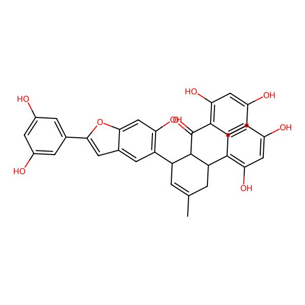 2D Structure of (2,4-Dihydroxyphenyl)-[6-(2,4-dihydroxyphenyl)-2-[2-(3,5-dihydroxyphenyl)-6-hydroxy-1-benzofuran-5-yl]-4-methylcyclohex-3-en-1-yl]methanone