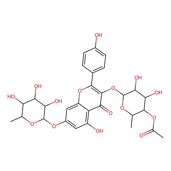 2D Structure of [4,5-Dihydroxy-6-[5-hydroxy-2-(4-hydroxyphenyl)-4-oxo-7-(3,4,5-trihydroxy-6-methyloxan-2-yl)oxychromen-3-yl]oxy-2-methyloxan-3-yl] acetate