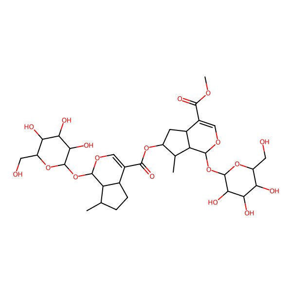 2D Structure of methyl (1S,4aS,6S,7R,7aR)-6-[(1S,4aS,7S,7aR)-7-methyl-1-[(2S,3R,4S,5S,6R)-3,4,5-trihydroxy-6-(hydroxymethyl)oxan-2-yl]oxy-1,4a,5,6,7,7a-hexahydrocyclopenta[c]pyran-4-carbonyl]oxy-7-methyl-1-[(2S,3R,4S,5S,6R)-3,4,5-trihydroxy-6-(hydroxymethyl)oxan-2-yl]oxy-1,4a,5,6,7,7a-hexahydrocyclopenta[c]pyran-4-carboxylate