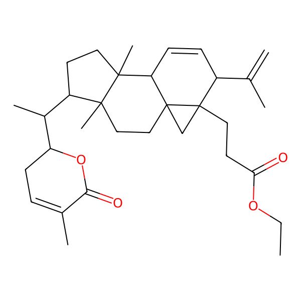 2D Structure of Ethyl 3-[4,8-dimethyl-5-[1-(5-methyl-6-oxo-2,3-dihydropyran-2-yl)ethyl]-12-prop-1-en-2-yl-13-tetracyclo[7.5.0.01,13.04,8]tetradec-10-enyl]propanoate