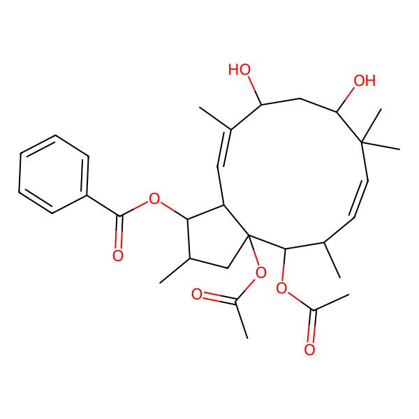 2D Structure of (3a,4-diacetyloxy-9,11-dihydroxy-2,5,8,8,12-pentamethyl-2,3,4,5,9,10,11,13a-octahydro-1H-cyclopenta[12]annulen-1-yl) benzoate