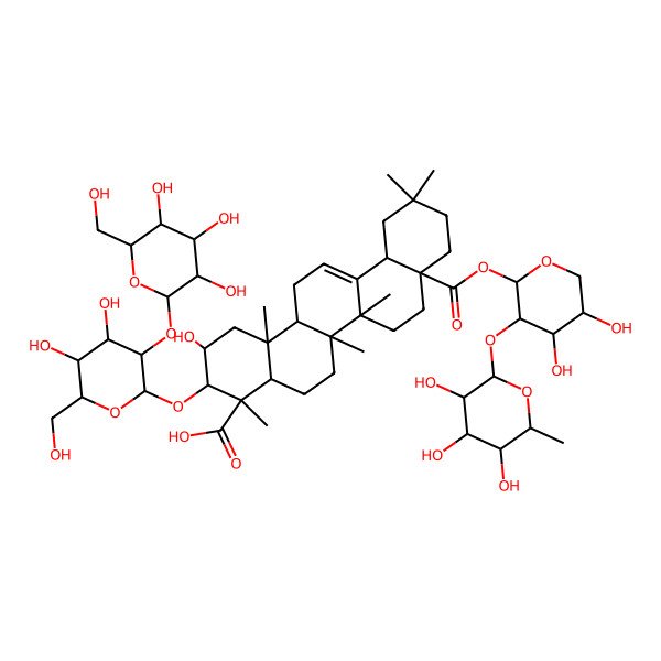 2D Structure of (2S,3R,4S,4aR,6aR,6bS,8aS,12aS,14aR,14bR)-3-[(2R,3R,4S,5S,6R)-4,5-dihydroxy-6-(hydroxymethyl)-3-[(2S,3R,4S,5S,6R)-3,4,5-trihydroxy-6-(hydroxymethyl)oxan-2-yl]oxyoxan-2-yl]oxy-8a-[(2S,3R,4S,5S)-4,5-dihydroxy-3-[(2S,3R,4R,5R,6S)-3,4,5-trihydroxy-6-methyloxan-2-yl]oxyoxan-2-yl]oxycarbonyl-2-hydroxy-4,6a,6b,11,11,14b-hexamethyl-1,2,3,4a,5,6,7,8,9,10,12,12a,14,14a-tetradecahydropicene-4-carboxylic acid