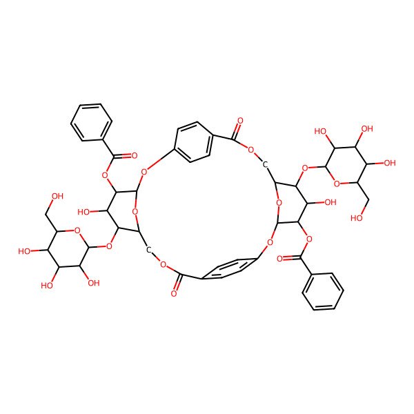 2D Structure of [(3R,4R,5S,6S,7R,16R,17S,18R,19R,20R)-17-benzoyloxy-5,18-dihydroxy-10,23-dioxo-6,19-bis[[(2R,3R,4S,5R,6S)-3,4,5-trihydroxy-6-(hydroxymethyl)oxan-2-yl]oxy]-2,9,15,22,29,32-hexaoxapentacyclo[22.2.2.211,14.13,7.116,20]dotriaconta-1(27),11,13,24(28),25,30-hexaen-4-yl] benzoate