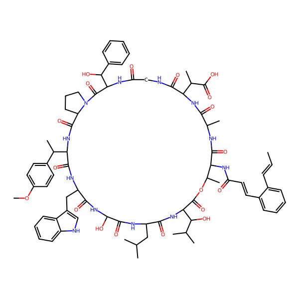 2D Structure of (2S)-2-[(3S,9S,12S,16R,19R,22R,25S,28R,31S,34S)-25-hydroxy-19-[(1S)-1-hydroxy-2-methylpropyl]-3-[(S)-hydroxy(phenyl)methyl]-28-(1H-indol-3-ylmethyl)-31-[(1S)-1-(4-methoxyphenyl)ethyl]-12,16-dimethyl-22-(2-methylpropyl)-2,5,8,11,14,18,21,24,27,30,33-undecaoxo-15-[[(E)-3-[2-[(Z)-prop-1-enyl]phenyl]prop-2-enoyl]amino]-17-oxa-1,4,7,10,13,20,23,26,29,32-decazabicyclo[32.3.0]heptatriacontan-9-yl]propanoic acid