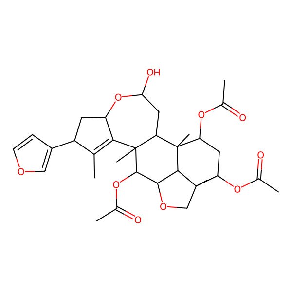 2D Structure of [(1R,2R,4S,6S,8S,11R,12S,13R,16R,17R,19S,20R)-12,19-diacetyloxy-8-(furan-3-yl)-4-hydroxy-1,9,11,16-tetramethyl-5,14-dioxapentacyclo[11.6.1.02,11.06,10.016,20]icos-9-en-17-yl] acetate