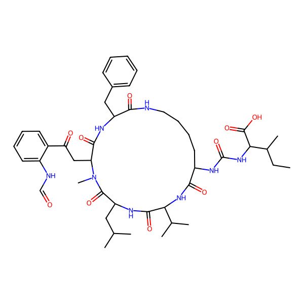 2D Structure of (2R,3S)-2-[[(3S,6R,9S,12S,15S)-3-benzyl-6-[2-(2-formamidophenyl)-2-oxoethyl]-7-methyl-9-(2-methylpropyl)-2,5,8,11,14-pentaoxo-12-propan-2-yl-1,4,7,10,13-pentazacyclononadec-15-yl]carbamoylamino]-3-methylpentanoic acid