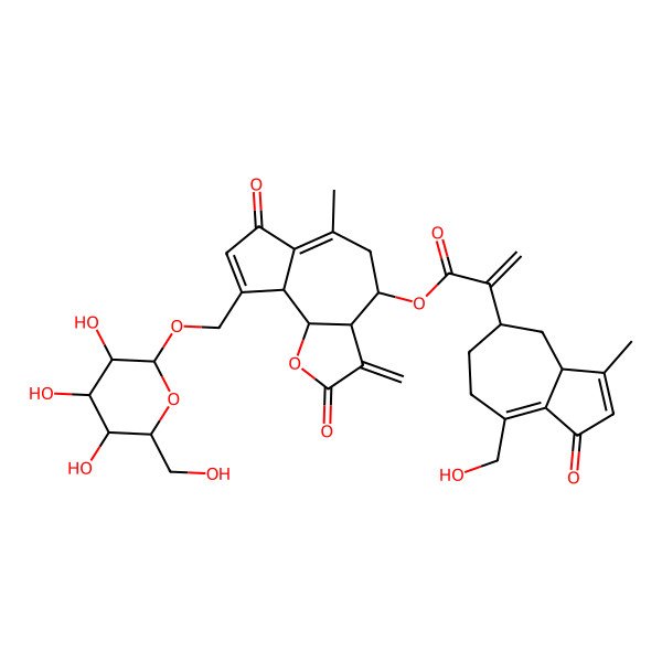 2D Structure of [(3aR,4S,9aS,9bR)-6-methyl-3-methylidene-2,7-dioxo-9-[[(2R,3R,4S,5S,6R)-3,4,5-trihydroxy-6-(hydroxymethyl)oxan-2-yl]oxymethyl]-4,5,9a,9b-tetrahydro-3aH-azuleno[4,5-b]furan-4-yl] 2-[(3aS,5R)-8-(hydroxymethyl)-3-methyl-1-oxo-4,5,6,7-tetrahydro-3aH-azulen-5-yl]prop-2-enoate