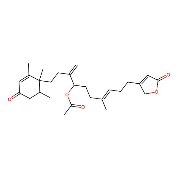 2D Structure of [(E,4R)-7-methyl-3-methylidene-10-(5-oxo-2H-furan-3-yl)-1-[(1R,6R)-1,2,6-trimethyl-4-oxocyclohex-2-en-1-yl]dec-7-en-4-yl] acetate