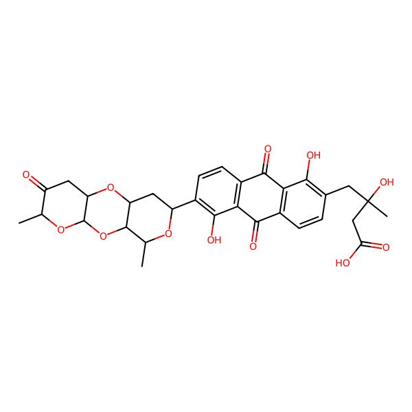 2D Structure of (3S)-4-[6-[(1R,3R,5S,8S,10R,12R,14R)-5,14-dimethyl-6-oxo-2,4,9,13-tetraoxatricyclo[8.4.0.03,8]tetradecan-12-yl]-1,5-dihydroxy-9,10-dioxoanthracen-2-yl]-3-hydroxy-3-methylbutanoic acid