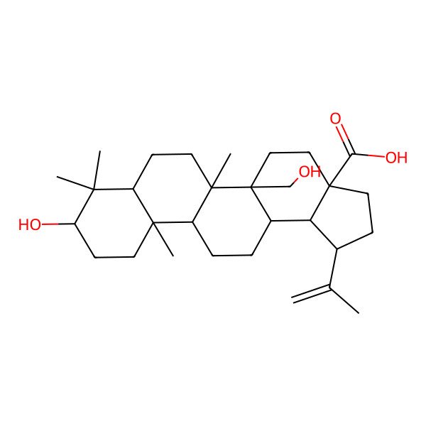 2D Structure of (1R,3aS,5aS,5bR,7aS,9S,11aR,11bS,13aR,13bR)-9-hydroxy-5a-(hydroxymethyl)-5b,8,8,11a-tetramethyl-1-prop-1-en-2-yl-1,2,3,4,5,6,7,7a,9,10,11,11b,12,13,13a,13b-hexadecahydrocyclopenta[a]chrysene-3a-carboxylic acid