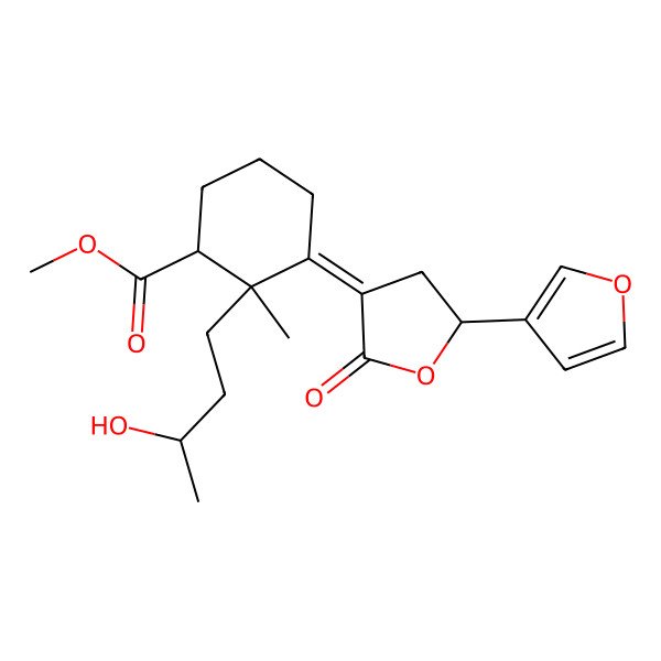 2D Structure of methyl (1R,2R,3E)-3-[(5S)-5-(furan-3-yl)-2-oxooxolan-3-ylidene]-2-[(3R)-3-hydroxybutyl]-2-methylcyclohexane-1-carboxylate