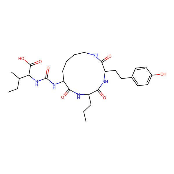 2D Structure of 2-[[3-[2-(4-Hydroxyphenyl)ethyl]-2,5,8-trioxo-6-propyl-1,4,7-triazacyclotridec-9-yl]carbamoylamino]-3-methylpentanoic acid