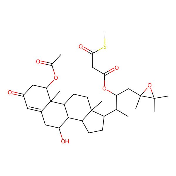 2D Structure of [(2R,3S)-3-[(1S,7R,8S,9S,10R,13R,14S,17R)-1-acetyloxy-7-hydroxy-10,13-dimethyl-3-oxo-1,2,6,7,8,9,11,12,14,15,16,17-dodecahydrocyclopenta[a]phenanthren-17-yl]-1-[(2S)-2,3,3-trimethyloxiran-2-yl]butan-2-yl] 3-methylsulfanyl-3-oxopropanoate