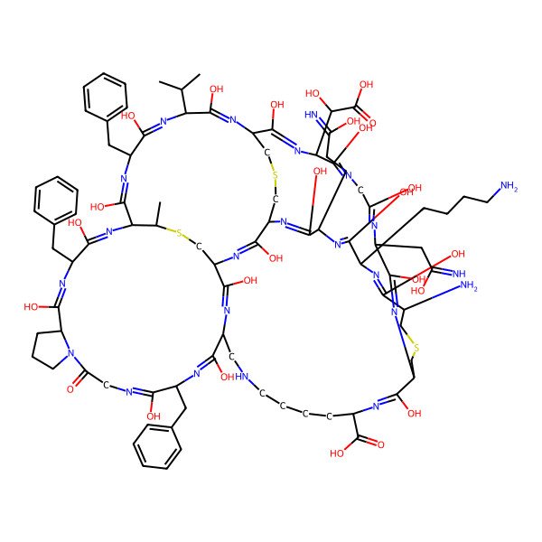 2D Structure of (1S,4S,13S,16S,19S,22S,25S,28R,31S,37S,40S,44R,47S,50S,53S,56R,65S,70S)-44-amino-47-(4-aminobutyl)-4,16,22-tribenzyl-31-[(S)-carboxy(hydroxy)methyl]-2,5,14,17,20,23,26,29,32,35,38,45,48,51,54,57,67-heptadecahydroxy-37-(2-hydroxy-2-iminoethyl)-50-(3-hydroxy-3-iminopropyl)-70-methyl-8-oxo-25-propan-2-yl-42,69,72-trithia-3,6,9,15,18,21,24,27,30,33,36,39,46,49,52,55,58,60,66-nonadecazapentacyclo[38.18.9.319,56.328,53.09,13]triheptaconta-2,5,14,17,20,23,26,29,32,35,38,45,48,51,54,57,66-heptadecaene-65-carboxylic acid